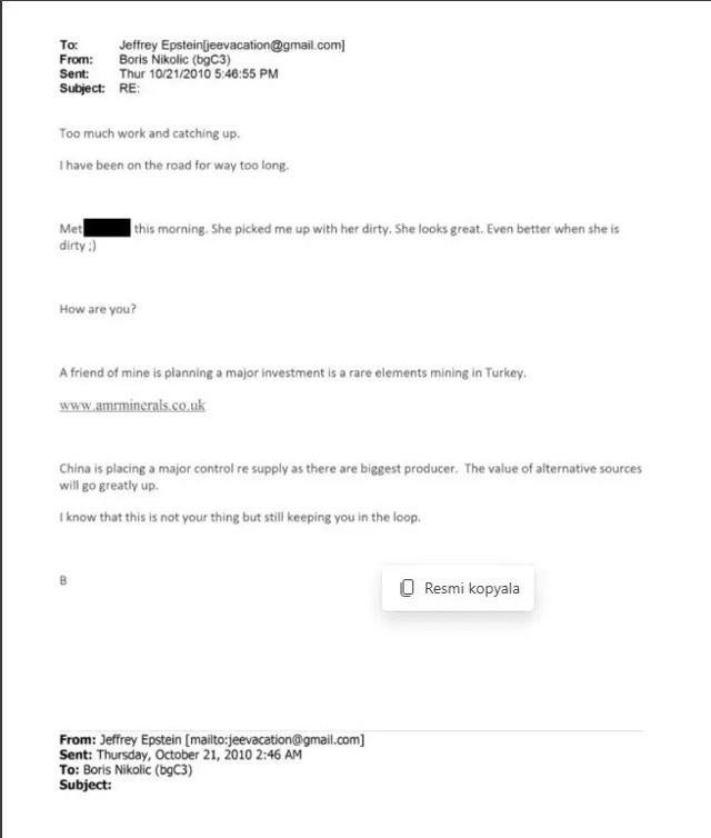 Epstein yazışmalarında Türkiye detayı! Nadir element madenciliği... - Resim: 0